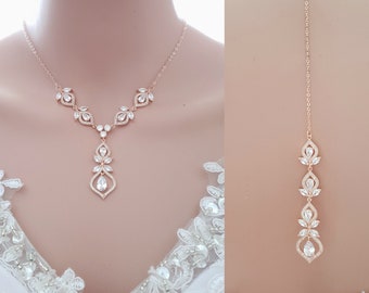 Rose Gold Bridal Necklace with Back Drop, Cubic Zirconia Wedding Necklace, Backdrop Necklace for Brides, Rose Gold Bridal Jewelry, Meghan