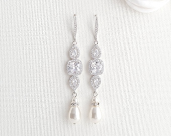 Dangle Pearl Drop Bridal Earrings in Silver, Long Pearl and Crystal Wedding Earrings for Brides, Gianna