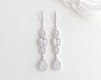 Long Bridal Earrings in Silver, Teardrop Dangle Earrings, Wedding Jewelry, Crystal Drop Earrings, Cubic Zirconia, Bridal Jewelry, Gianna