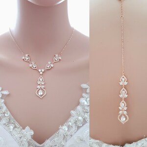 Rose Gold Bridal Necklace with Back Drop, Cubic Zirconia Wedding Necklace, Backdrop Necklace for Brides, Rose Gold Bridal Jewelry, Meghan