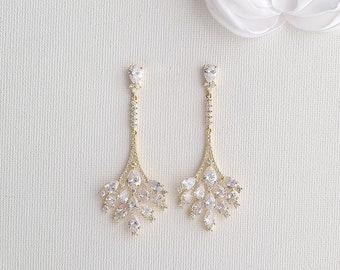 Wedding Gold Chandelier Earrings, Long Drop Bridal Earrings, CZ Statement Bride Earrings, Gold Wedding Jewelry, Yana