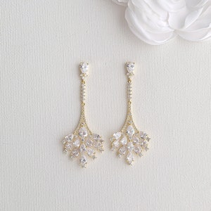 Wedding Gold Chandelier Earrings, Long Drop Bridal Earrings, CZ Statement Bride Earrings, Gold Wedding Jewelry, Yana
