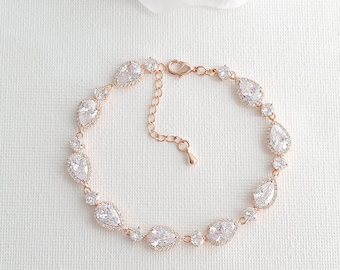 Teardrop Rose Gold Bracelet for Weddings, Cubic Zirconia Bridal Bracelet, Rose Gold Wedding Day Jewelry, Luna