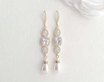 Pearl Drop Bridal Earrings, Gold Wedding Earrings For Brides, Crystal Long Dangle Earring with Pearls, Gianna