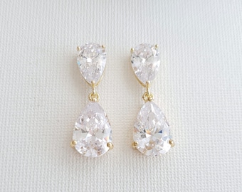 Yellow Gold Bridal Earrings, Cubic Zirconia Teardrop Earrings, Wedding Jewelry For Brides In Gold, Clara