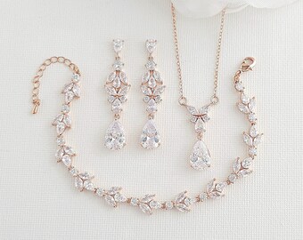 Bride Jewelry Set For Wedding Day, Rose Gold Wedding Earring Set, Bridal Necklace Set with Bracelet, Rose Gold Wedding Jewelry Set, Anne