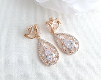 Wedding Earrings Clip On Rose Gold, Crystal Bridal Earrings, Gold Teardrop Earrings for Non Pierced Ears, Bridal Jewelry Set, Esther