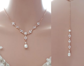 Rose Gold Wedding Necklace, Back drop Necklace With Crystal And Pearl, Bridal Necklace Set, Hayley