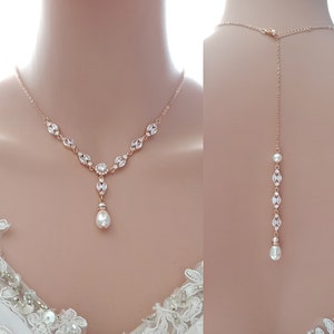 Rose Gold Wedding Necklace, Back drop Necklace With Crystal And Pearl, Bridal Necklace Set, Hayley