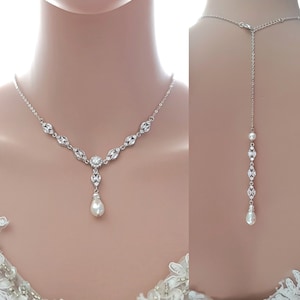 Pearl Drop Necklace, Wedding Back Necklace, Crystal And Pearl Bridal Necklace, Wedding Necklace For Brides, Hayley