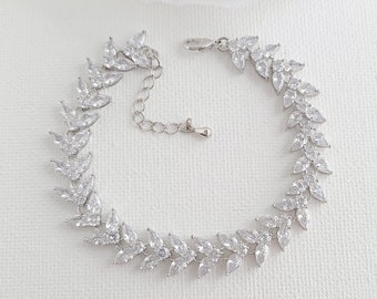 Silver Leaf Bridal Bracelet In Marquise Cubic Zirconia, Crystal Wedding Bride Bracelet For Wedding Day, Katie