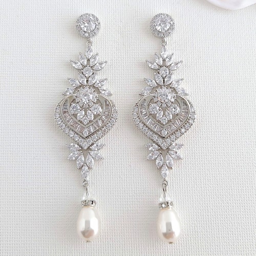 Pearl Drop Chandelier Earrings Crystal Bridal Earrings Etsy