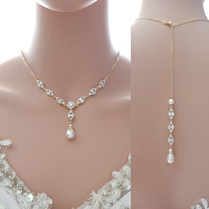 Gold Wedding Necklace with Back Drop, Bridal Necklace With Crystal And Pearl, Wedding Jewelry Set, Hayley image 1
