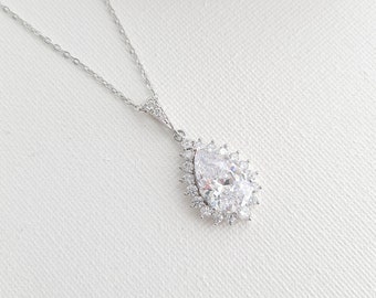 Tear Drop Bridal Necklace, Wedding Jewelry, CZ Pendant Wedding Necklace, Silver Necklace, Bridal Jewelry, Raya