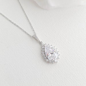 Rose Gold Wedding Necklace, Crystal Bridal Necklace, CZ Tear Drop Necklace, Rose Gold Bridal Jewelry, Raya Silver