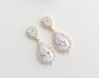 Gold Teardrop Bridal Earrings, Bride Earrings For Wedding Day, Cubic Zirconia Yellow Gold Wedding Jewelry, Raya