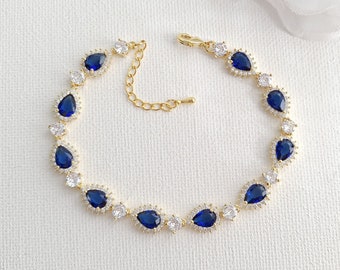 Sapphire Blue Gold Bracelet for Bride, Cubic Zirconia Blue Wedding Bracelet, Something Blue Bridal Jewelry, Aoi