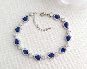 Sapphire Blue Bracelet, Cubic Zirconia Wedding Bracelet, Teardrop Bridal Bracelet in Silver, Aoi