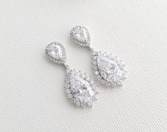 Silver Pear Drop Earrings for Your Wedding Day, CZ Bridal Dangle Earrings, Teardrop Bridal Jewelry, Raya