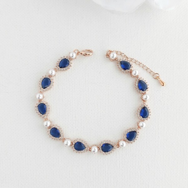 Rose Gold Wedding Bracelet with Blue Stones and Pearls, Something Blue Pearl Bracelet, Cubic Zirconia Sapphire Blue Bridal Jewelry, Aoi