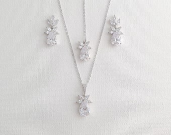 Small Pear Drop Earrings and Pendant with Back Necklace, Bridal Jewelry Set, Silver CZ Bride Jewelry for Wedding Day, Stella