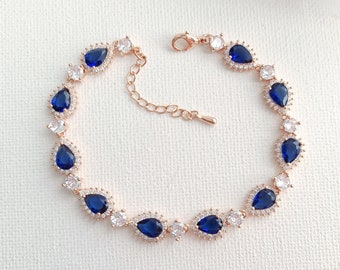 Rose Gold Blue CZ Bracelet, Blue Sapphire Wedding Bracelet For Wedding Day, Something Blue Jewelry For Bride, Aoi