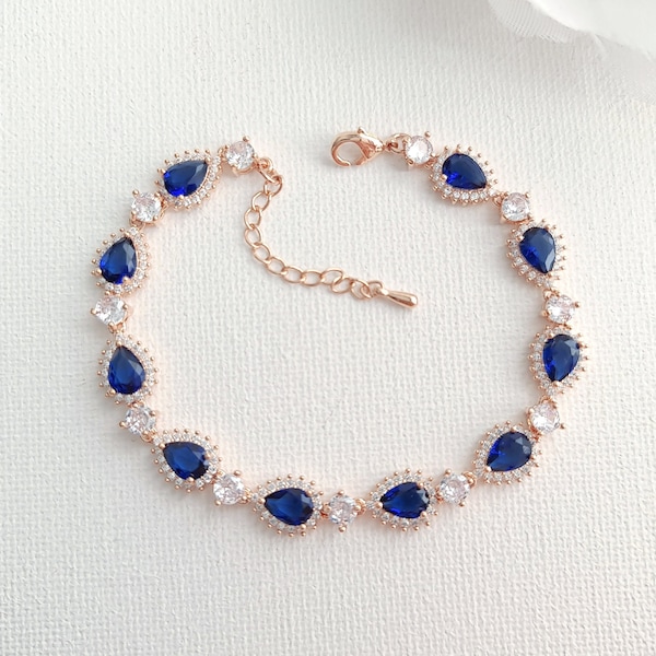 Rose Gold Blue CZ Bracelet, Blue Sapphire Wedding Bracelet For Wedding Day, Something Blue Jewelry For Bride, Aoi