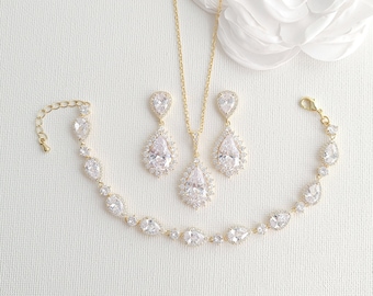 Teardrop Gold Bride Jewelry Set of Earrings, Necklace and Bracelet, Gold Bridal Jewelry Set, Gold Bridal Jewelry, Raya