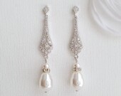 Art Deco Wedding Earrings, Long Pearl Drop Bridal Earrings, Vintage Style Earrings for Brides, Lisa