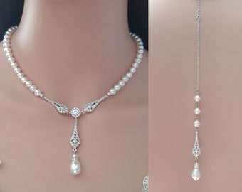 Backdrop Necklace Wedding Jewelry, Crystal Pearl Back Drop Bridal Necklace and Earring Set, Bridal Jewelry Set, Lisa