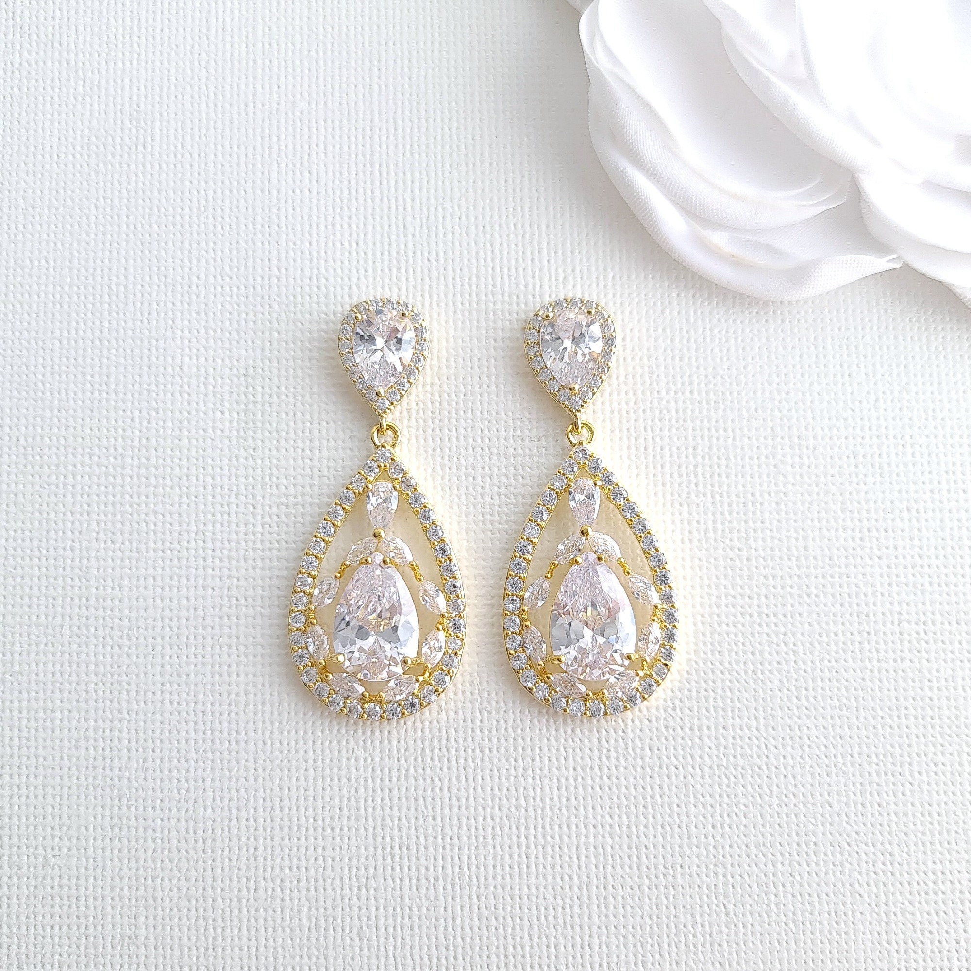 Mariell Gold Cubic Zirconia Mosaic Teardrop Bridal, Prom or Wedding Earrings  4093E-RG | Gold Wedding Earrings