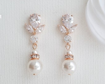 Rose Gold Wedding Earrings, Pearl Crystal Bridal Earrings, Bridesmaid Earrings, Pearl Wedding Jewelry, Nicole