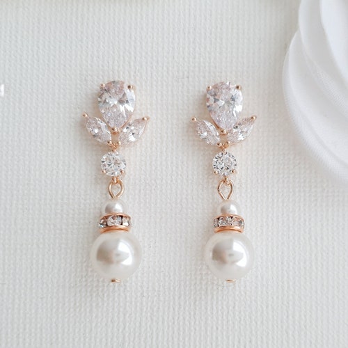 Rose Gold Wedding Earrings Pearl Crystal Bridal Earrings | Etsy