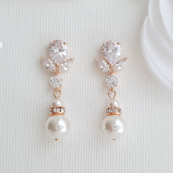 CZ Pearl Stud Earrings Small Wedding Earrings Pearl Bridal -  Israel