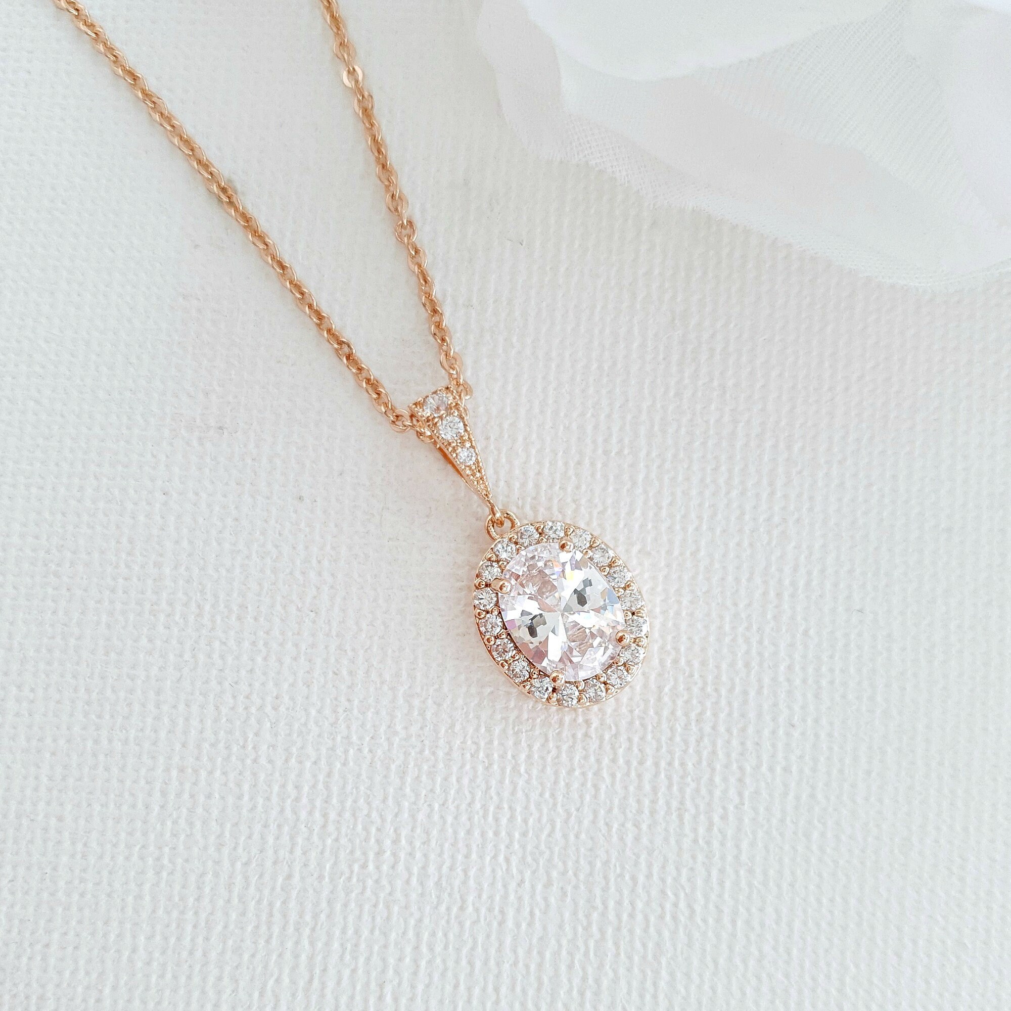 Oval Bridal Necklace Halo Wedding Necklace Rose Gold Drop | Etsy