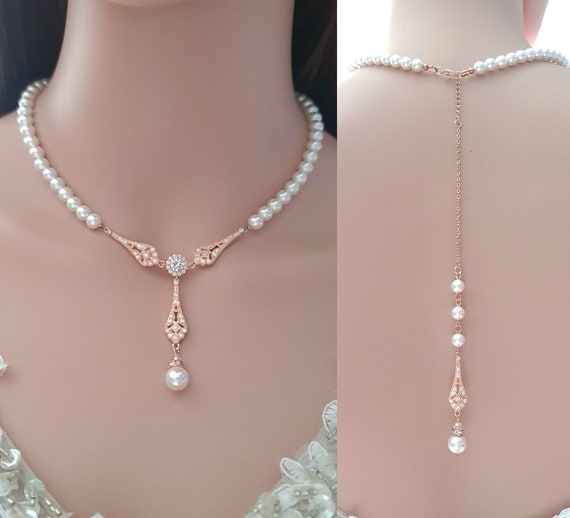 Backdrop Necklace Rose Gold Wedding Jewelry Pearl Back | Etsy