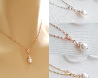 Single Pearl Bridal Necklace, Simple Wedding Necklace in Silver, Rose Gold, Gold Finish, Bridesmaid Flower Girl Necklace, Ava