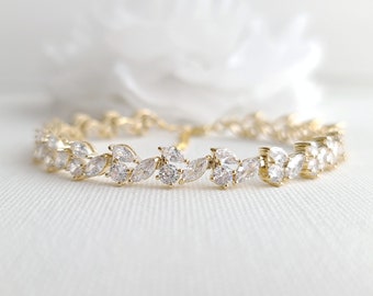 Bridal Bracelet Gold, Wedding Bracelet CZ, Dainty Bracelet for Wedding Day, Gold Bridal Jewelry, Debra