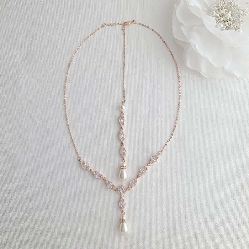 Gold Wedding Necklace with Back Drop, Bridal Necklace With Crystal And Pearl, Wedding Jewelry Set, Hayley Rose gold