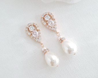 Boucles d’oreilles de mariée Pearl Drop Rose Gold, boucles d’oreilles et collier de mariage en perles, boucles d’oreilles de demoiselle d’honneur en or rose, Cera