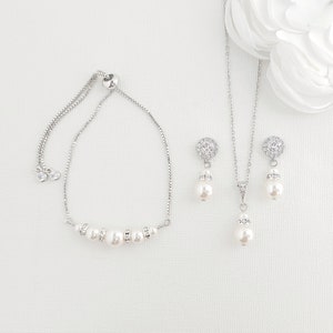 Simple Pearl Wedding Jewelry Set For Bride, Drop Bridal Earrings, Pearl Wedding Necklace, Pearl Bridal Bracelet Set, Ava