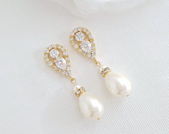 Crystal And Pearl Gold Wedding Earrings For Brides, Teardrop Pearl Bridesmaid Earrings, Gold Bridal Jewelry, Cera