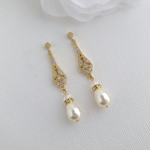 Bridal Pearl Earrings, Wedding Earrings, Long Pearl Drop Earrings Necklace Set, Rose Gold Earrings, Gold Bridal Jewelry Set, Lisa Gold