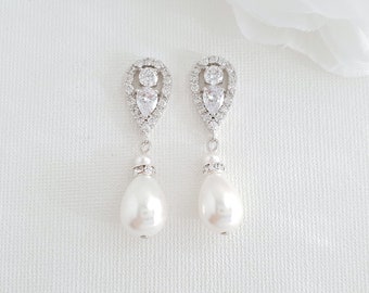 Crystal Bridal Earrings with Pearl Drops, Silver Teardrop Bridesmaid Earrings, Wedding Earrings For Brides, Cera Pearl Earrings