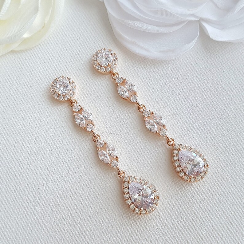 Rose Gold Bridal Earrings Long Crystal Drop Wedding Earrings Etsy