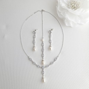 Gold Wedding Necklace with Back Drop, Bridal Necklace With Crystal And Pearl, Wedding Jewelry Set, Hayley image 7