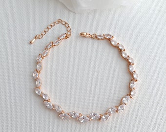 Wedding Rose Gold Bracelet with Marquise Cubic Zirconia, Dainty Leaf Bridal Bracelet For Bride, Rose Gold Bridal Jewelry, Belle