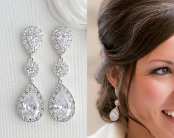 Crystal Wedding Earrings, Big Bridal Earrings, Large Teardrop Earrings, Long Drop Earrings, Wedding Necklace, Bridal Jewelry Set, Penelope