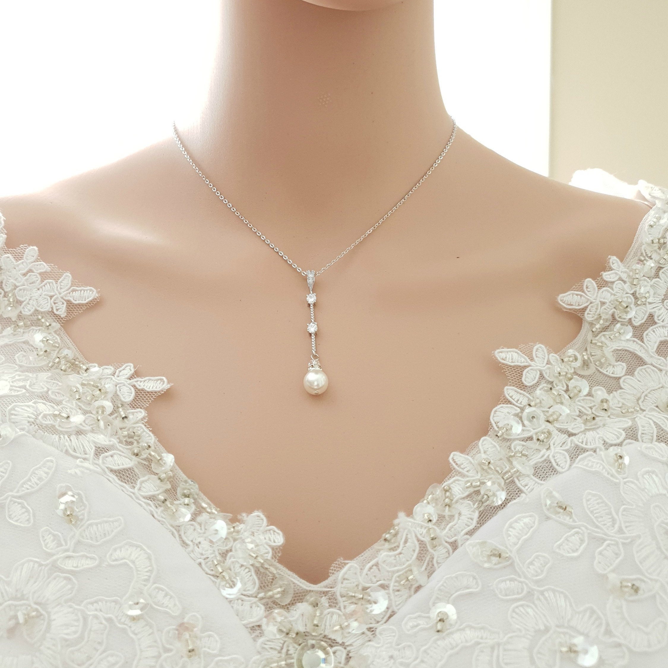 Drop Back Necklace Simple Wedding Necklace Bridal Necklace Etsy