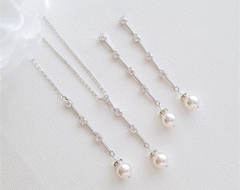 Bridal Jewelry Set Silver, Drop Back Necklace and Earring Set, Simple Wedding Jewelry Set with Pearl and Crystals for Brides, Ginger